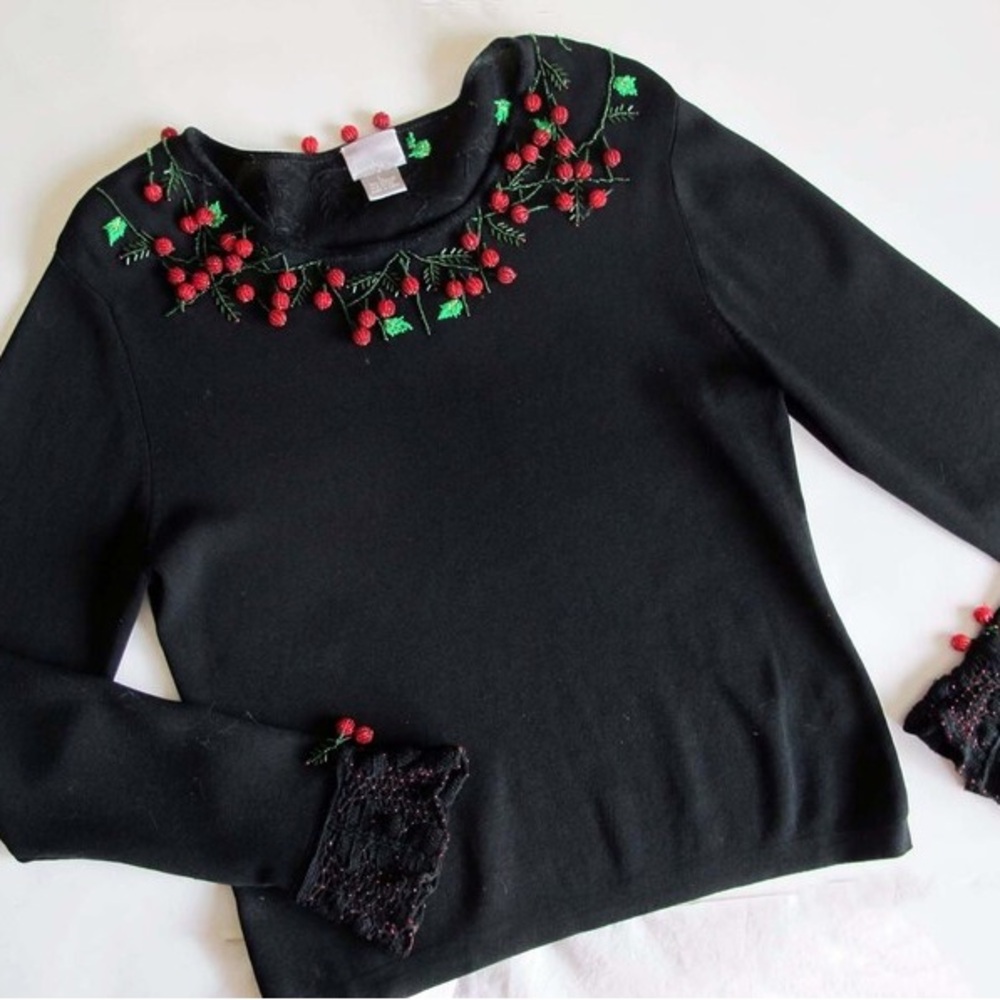 Berek Christmas Holly Berries Black Beaded Top Y2K Long Sleeve Medium